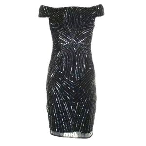 Adrianna Papell Navy Gunmetal Sequined Off-The-Sho